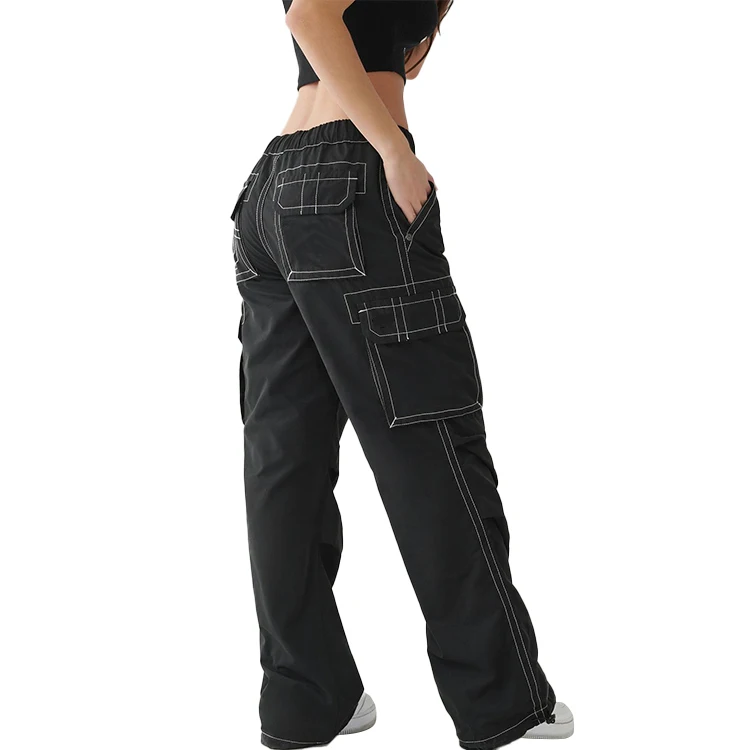 Custom OEM Manufacturer Vintage Pockets High Waist Streetwear baggy Casual ladies Long parachute Cargo Pant for women Trousers