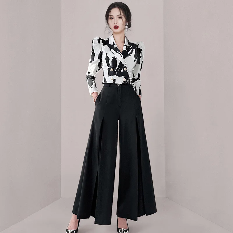 Droma America and European style clothing elegant suits slim print suit jacket high waist fashion wide leg trouser suit