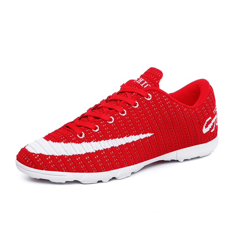 
2019 China Wholesale Mesh Upper Low MOQ Breathable Athletic Sneakers Red Cheap Indoor Soccer Shoes Football 