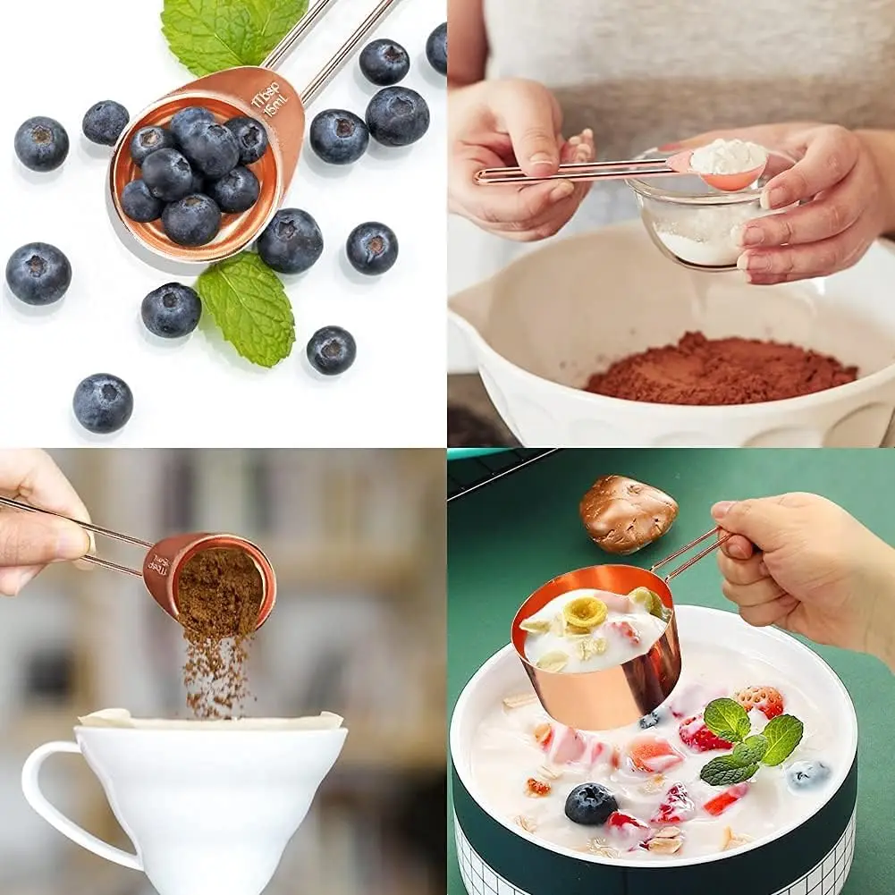 8 Pcs Stainless Steel Rose Gold Copper Measuring Cups and Spoons Set with Engraved Marking Ruler for Measuring Dry Liquid