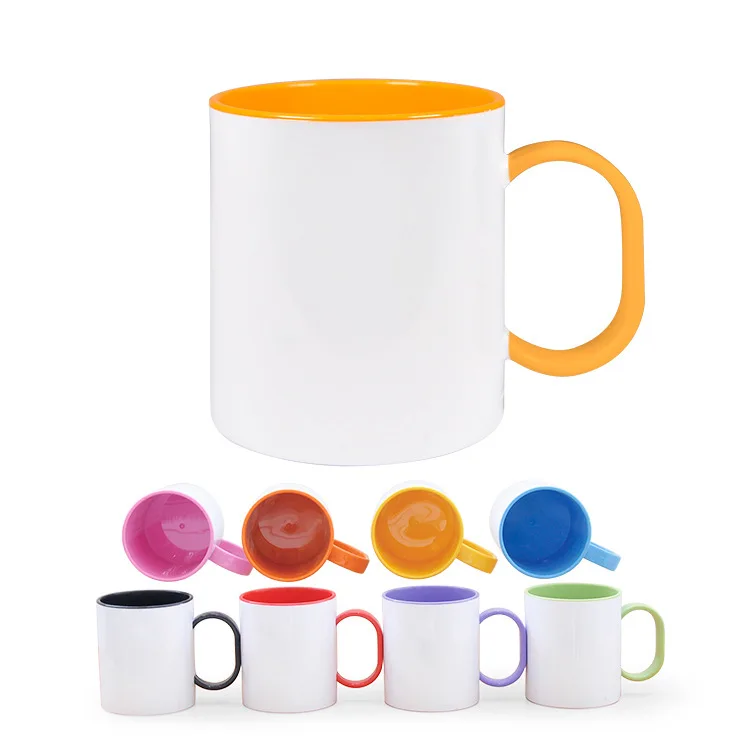 11oz Custom Printed Coffee Cup Blanks Sublimation  Plastic Inner Color Mug With Handle