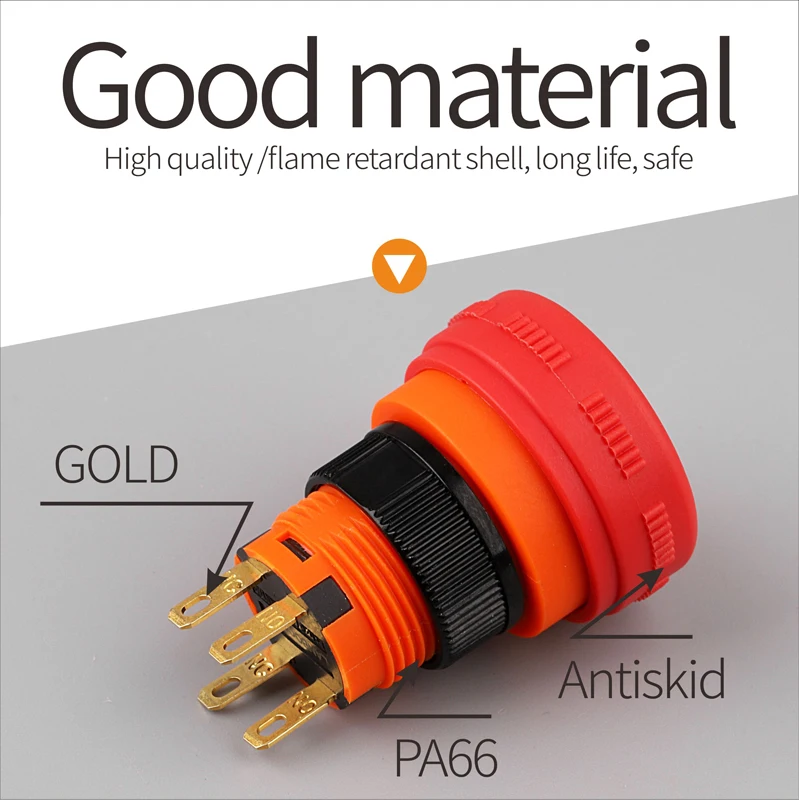 LANBOO 16mm High Current Plastic Mini Stop Emergency Button Switch Mushroom Head With Arrow Latching Flame Retardant PA66