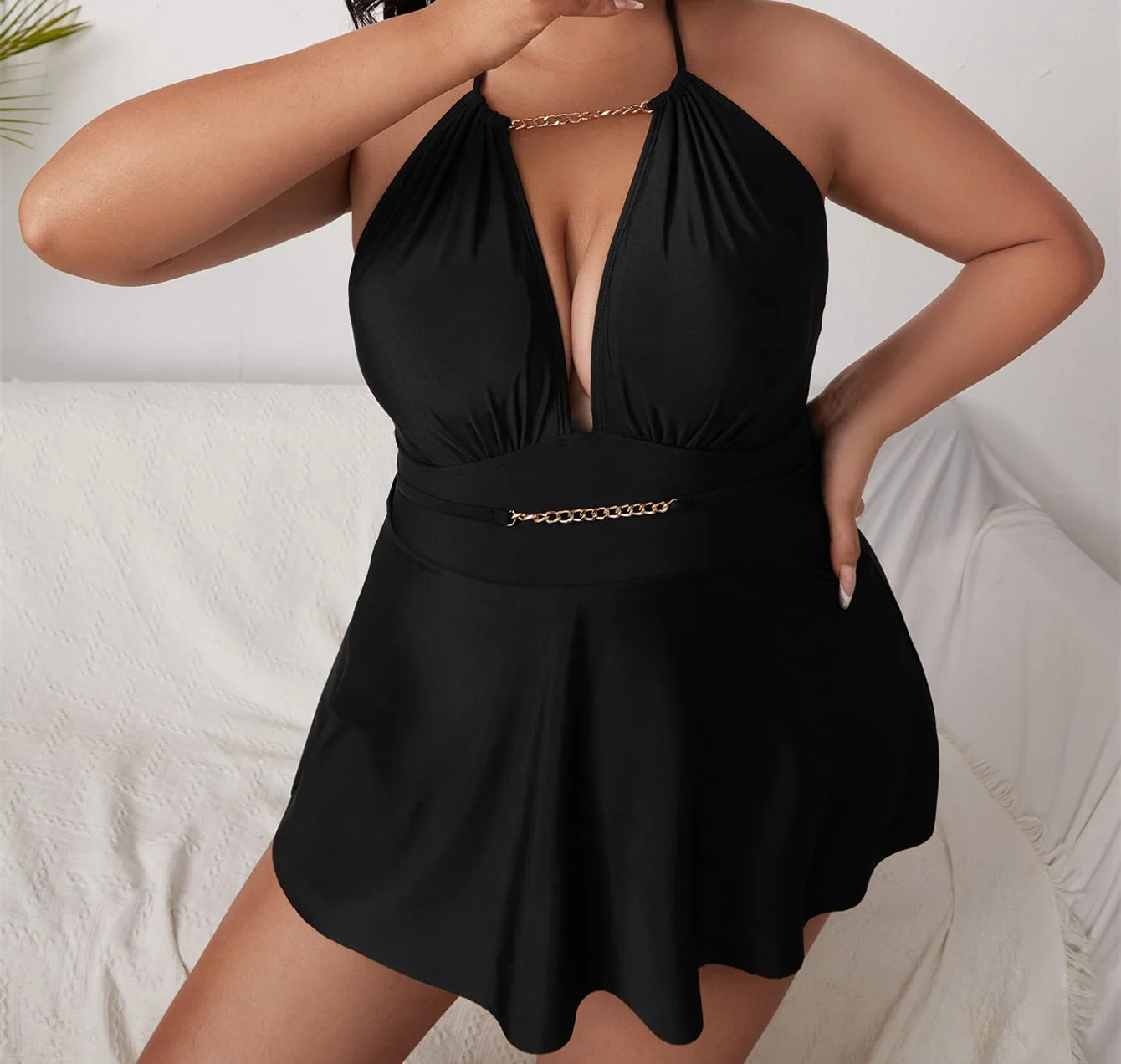 DAMOCHIC Custom Logo Wholesale Swimwear 1 Piece Black Halter Lace-Up Fat Women Beachwear with Skirt Plus Size Swimsuit 2023 OEM