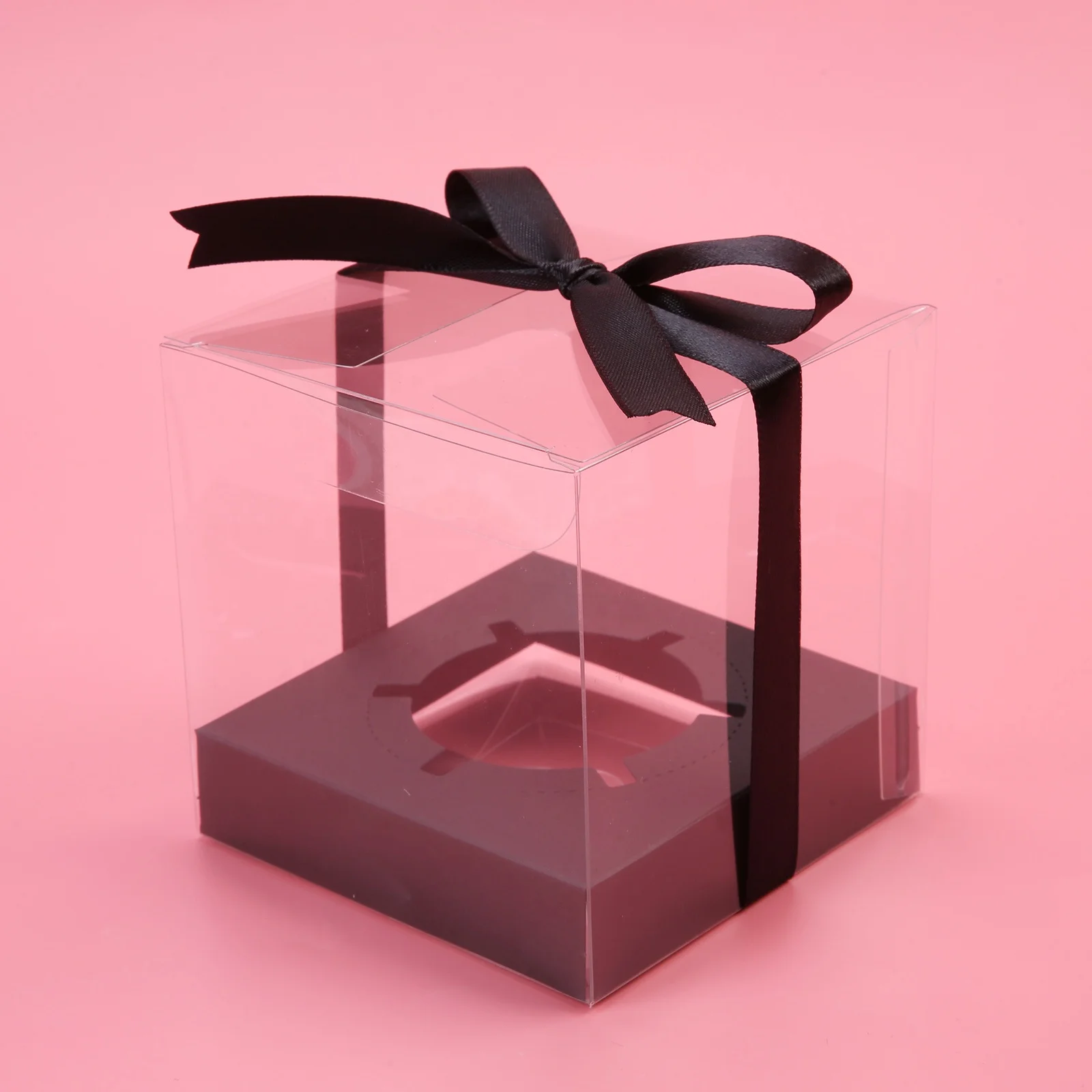 Gold Ribbon Transparent Square PET Cupcake Boxes Clear Muffin Cake Packing Box for Business Wedding Party Packaging