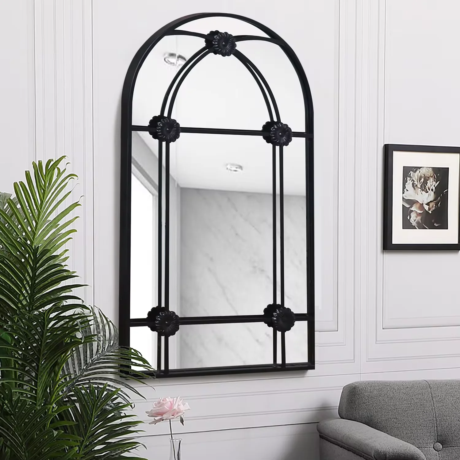Modern large decorative Gold Black Window panel Arch Metal Framed art Mirror For Wall Decor
