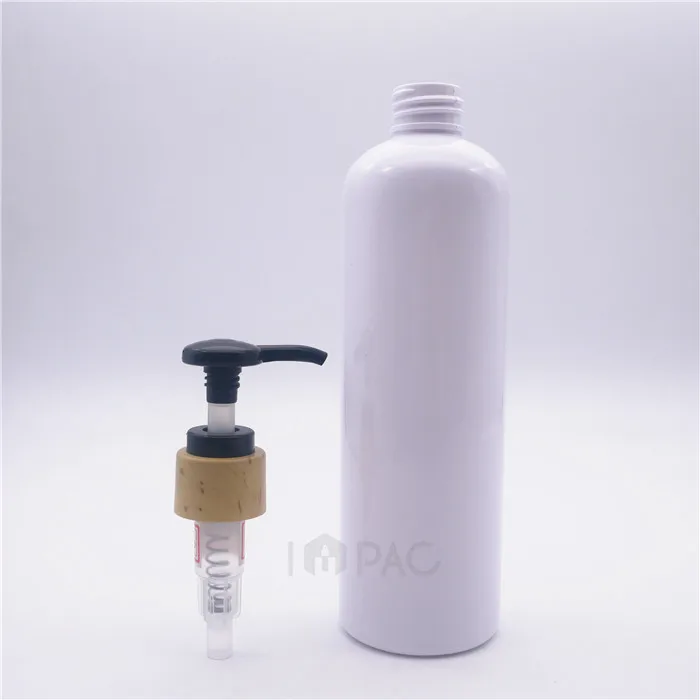 white cosmo round 24/410 shampoo bottles 300 ml with wooden printing pump