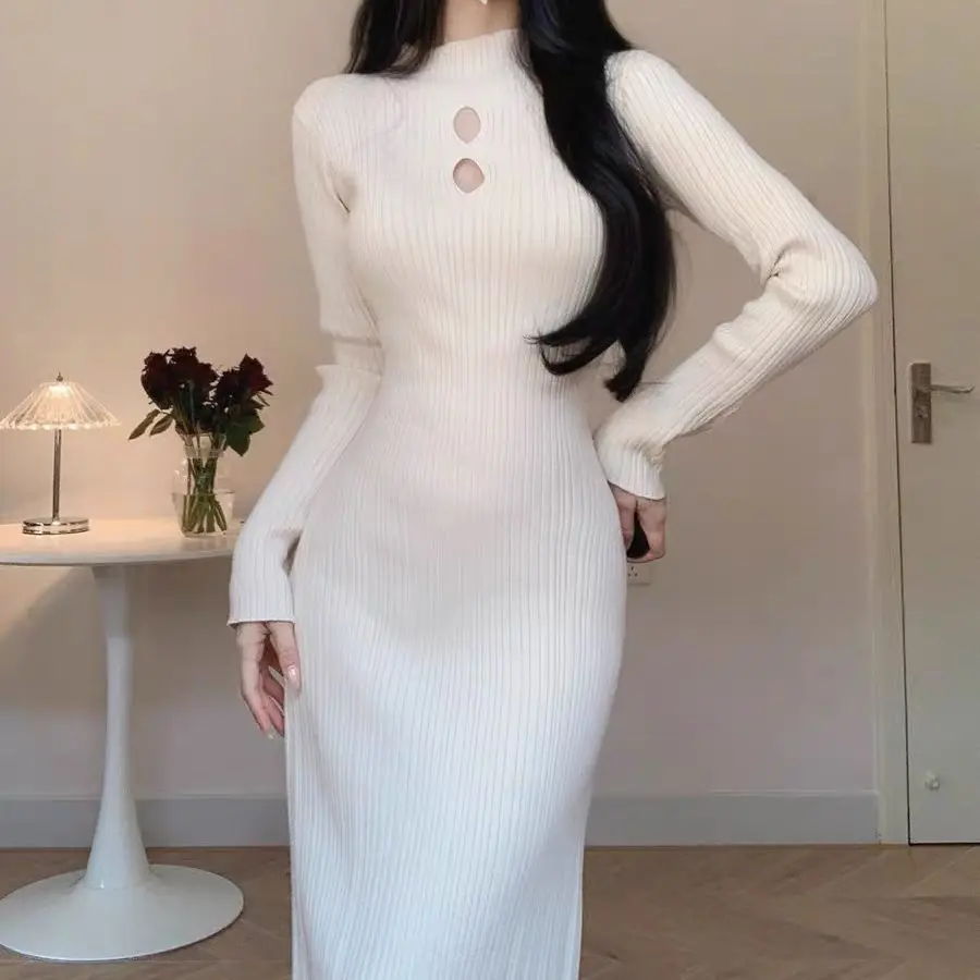 2024 Autumn/Winter hot temperament fashion simple semi-high neck slim sexy hollow casual party commuter knit dress