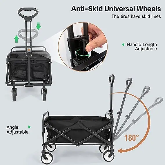 Heavy Duty Folding Wagon Portable Adjustable Collapsible Wagon for Sports Shopping  Camping