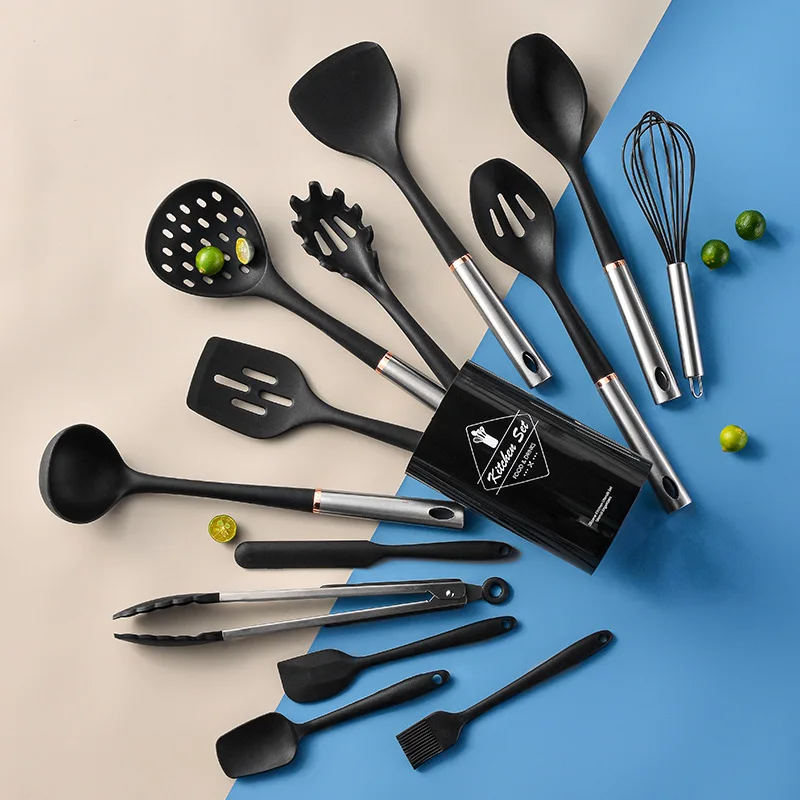 Wooden Spatula Handle Colorful Cooking 12pcs Cookware Nonstick Baking Tool Cheese Silicone Bamboo Kitchen Utensils Set
