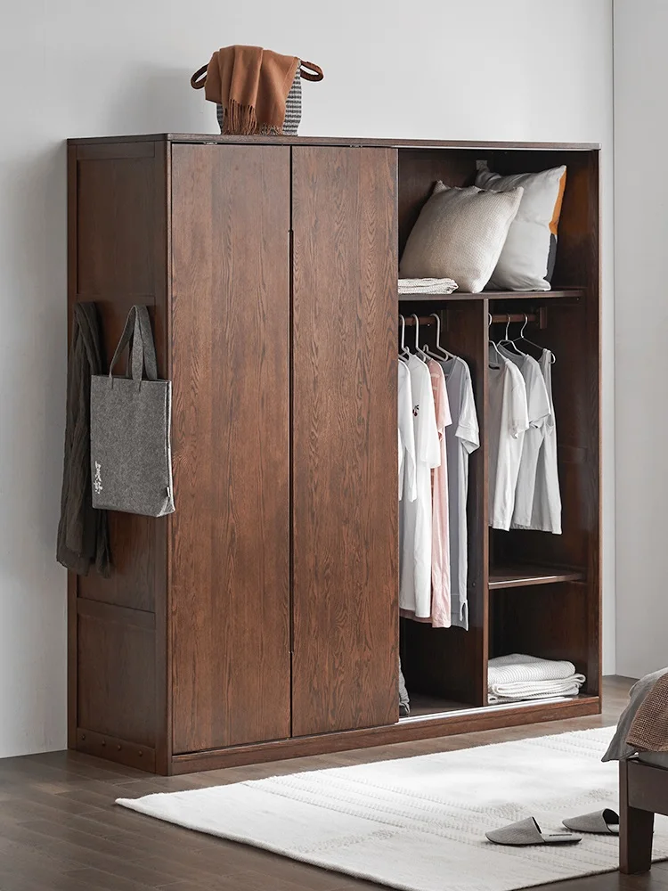 F8041 Nordic style solid OAK wood two sliding doors natural and black walnut color wardrobe bedroom furniture