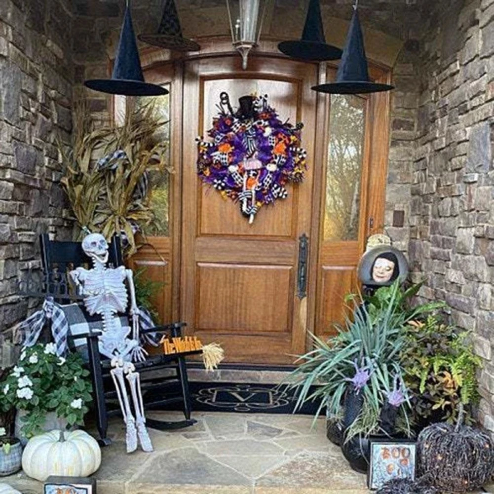 Halloween Skull Wreath With Bow Decoration Front Door Decor Window Door Hanging Skull Garland Horror Atmosphere Layout Prop