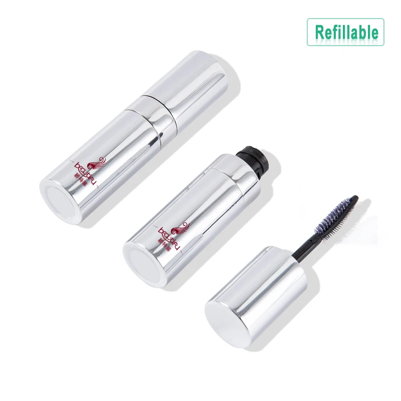 Shiny silver refillable PCR plastic mascara packaging container tube bottle with aluminum shell
