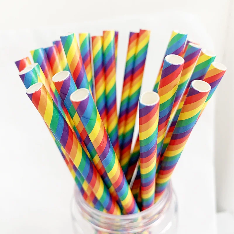 rainbow striped flexible floral paper drinking straws used numerous times