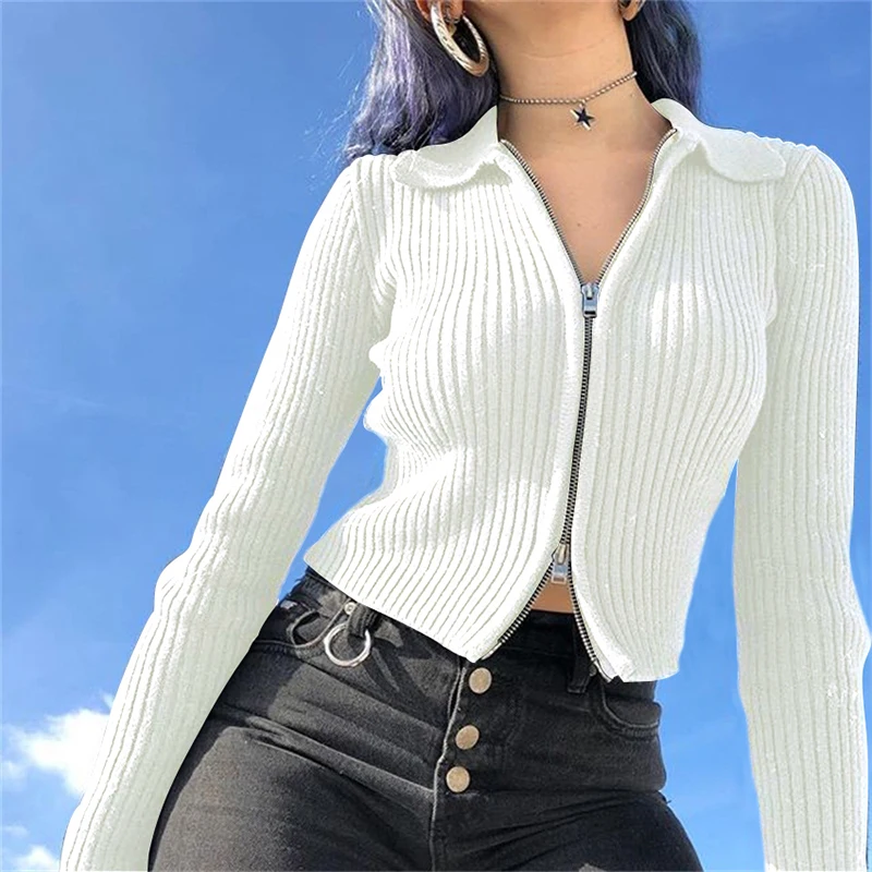 7 Color Doubt Zipper UP Casual Knitted Skinny Crop Top Sweater  Long Sleeve Cardigan Sweater Women Autumn Korean Top