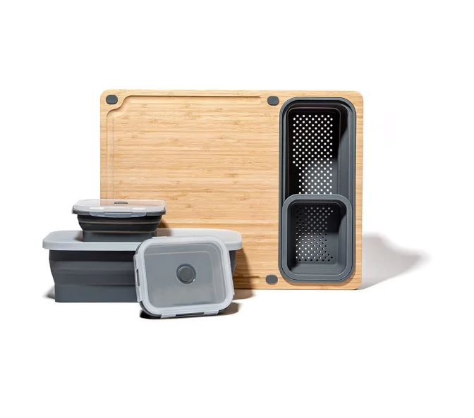 Large Organic Bamboo Cutting Board With Built-In Compartments Wood Chopping Block for Kitchen with Silicone Storage Box