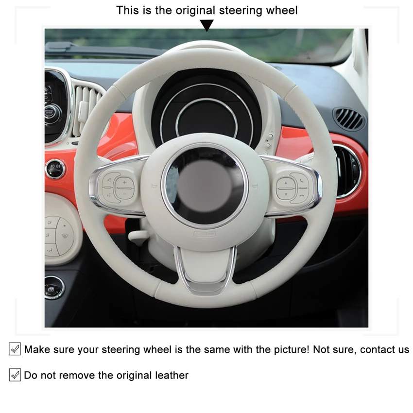 MEWANT For Fiat 500 2015-2021 / 500C 2016-2021 Best Ladies Car Steering Wheel Cover Beige Leather Factory Wholesale Price
