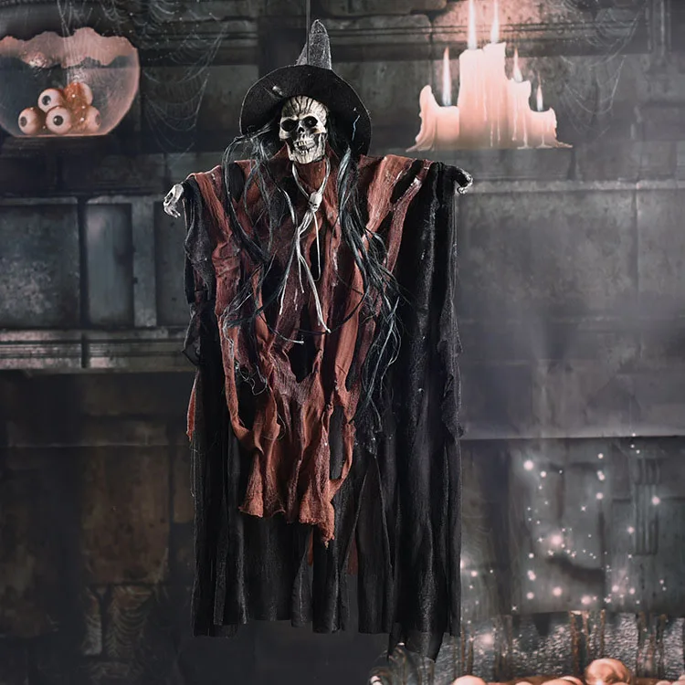 Nicro Hanging Grim Reaper Skeleton Voice Light Control Decoration Giant Skeleton Halloween Hanging Ghost Party Supplies