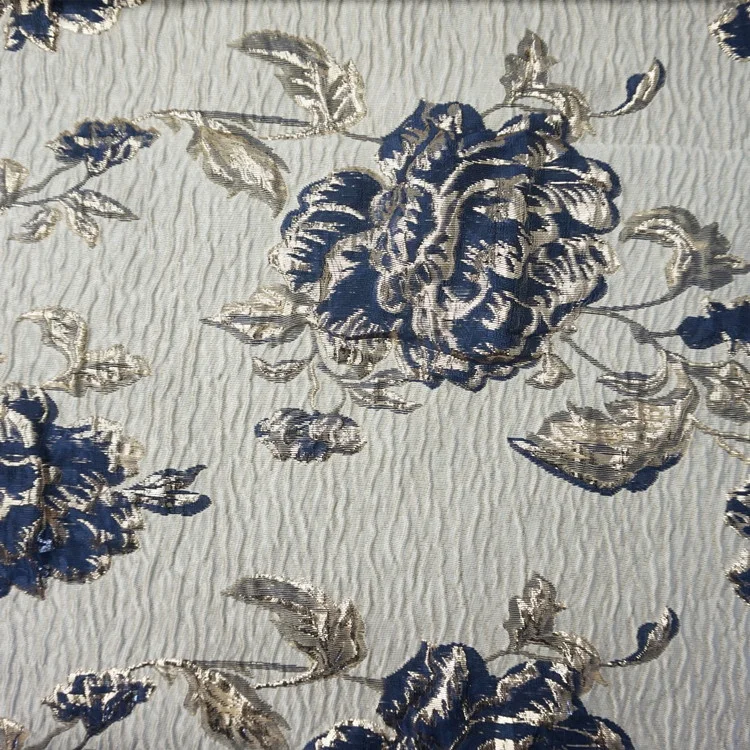 2021 Hot selling sparkling blue flowers woven jacquard brocade metallic fabric for dress