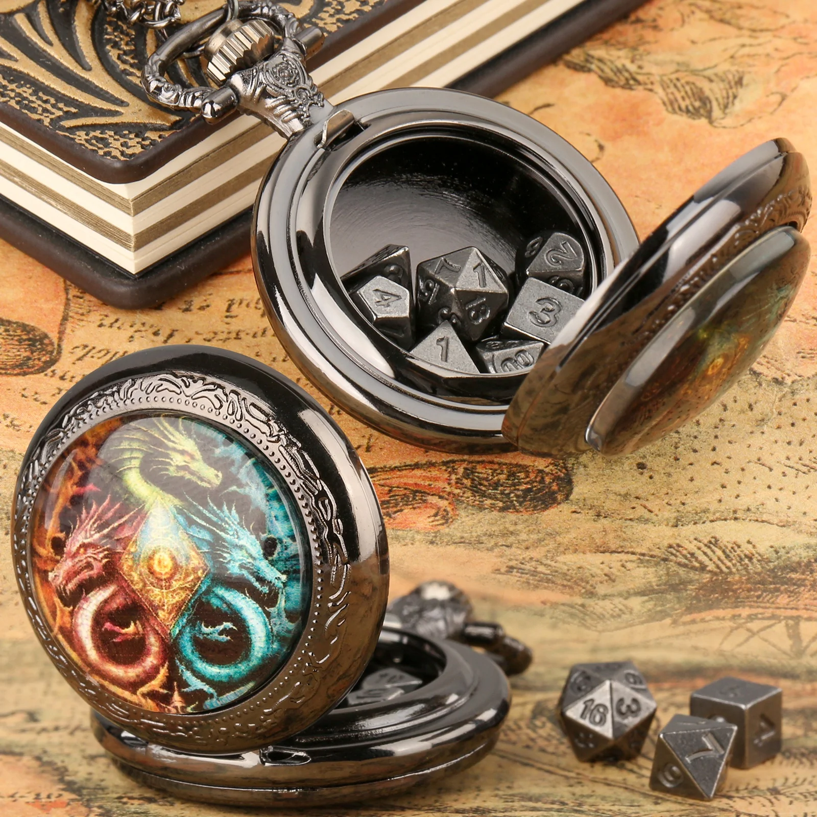 Vicious Dragon DND Pocket Watch Shell Dice Mini Metal Dice Set for Dungeons and Dragons