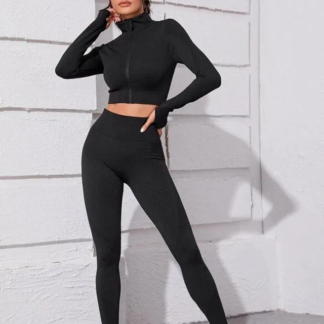 The new 2021 stylish black seamless thumb-hole funnel collar jacket with leggings tracksuit for women