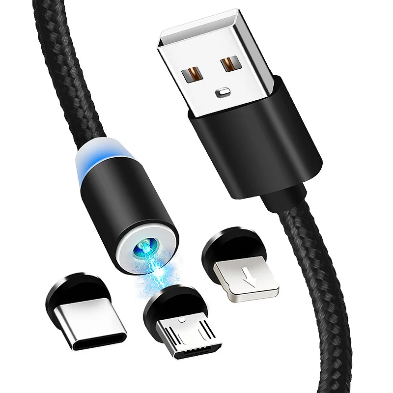 1M Cell Phone 3 In 1 Magnetic Braided Charging Micro Magnetic Usb Cable fast charging 3 in1 Fast Charger Cable Line