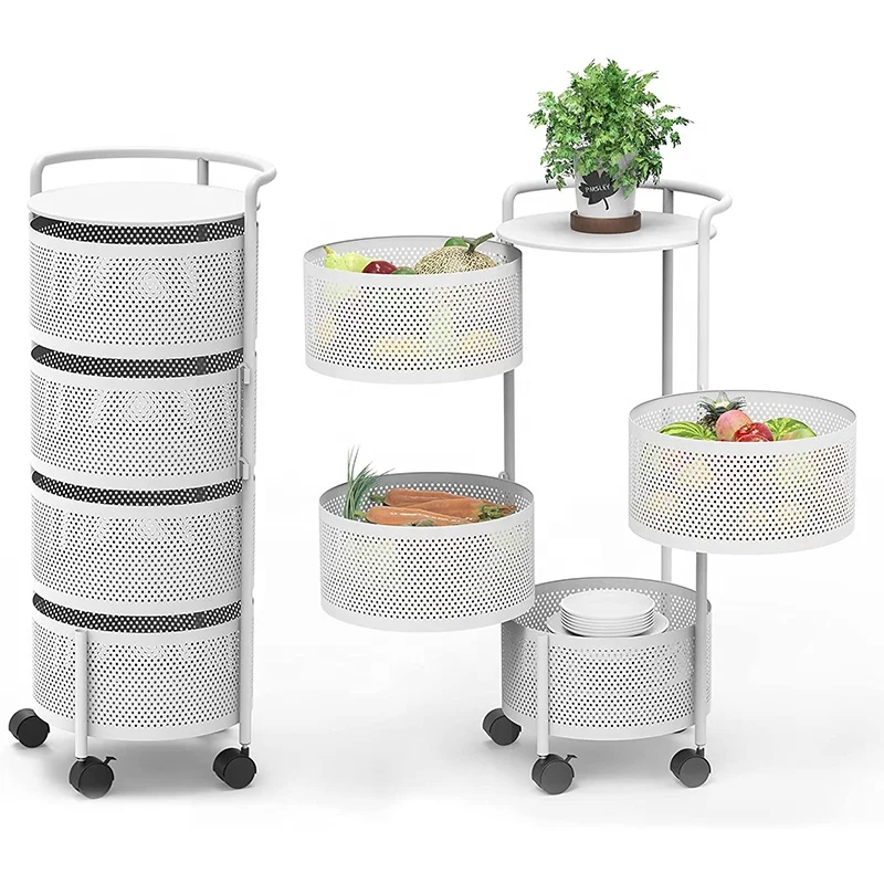 Rotating Storage Shelf Round Baskets Rack 5 Tier Kitchen Vegetable Fruit Storage Baskets And Racks Storage Rolling Trolley Cart