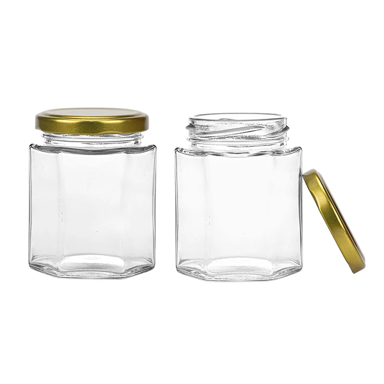 Food Grade 6oz 180ml Clear Hexagon Glass Jam Honey Pickles Jars with Twist Off Lids