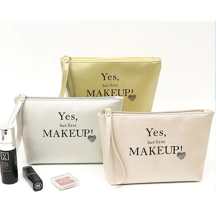 Custom Premium silk printing cosmetics makeup pink PU travel toiletry cosmetic bag for women