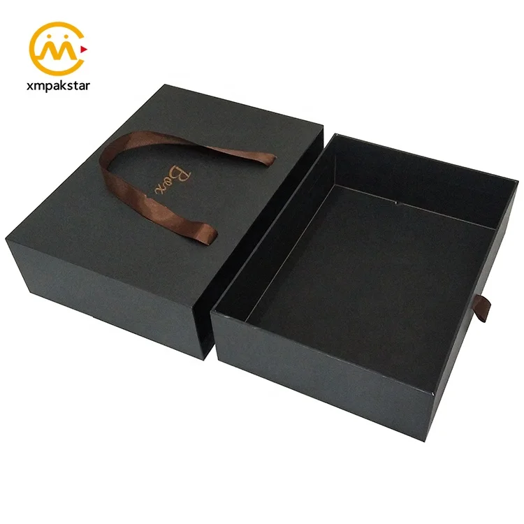 Custom luxury black rigid paper clothes product packaging shoe gift slide open drawer box with handle