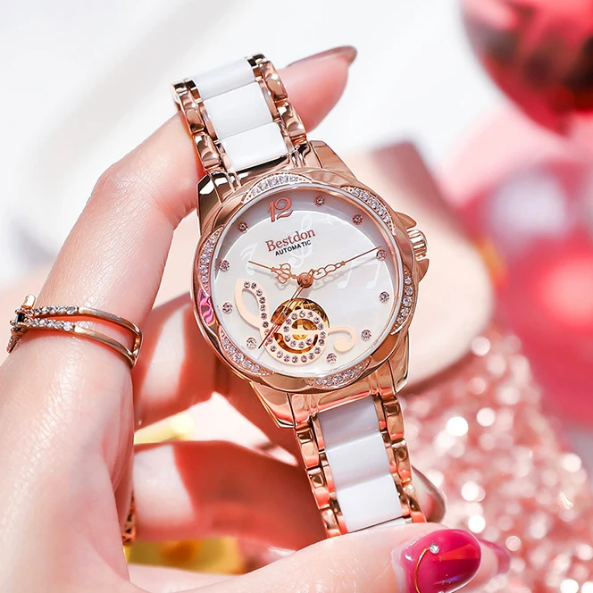 bestdon BD7183L Luxury Ladies MOP Dial Music Watch Women Genuine Leather Ceramic Band Automatic Watch