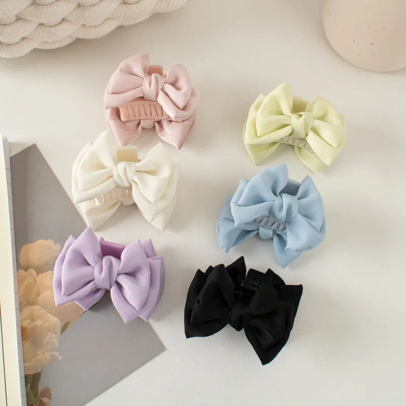 Solid Color Elegant Stylish Silk Big Bow Knot Claw Hair Clips  for Thick Long Curl Hair Women and Girls
