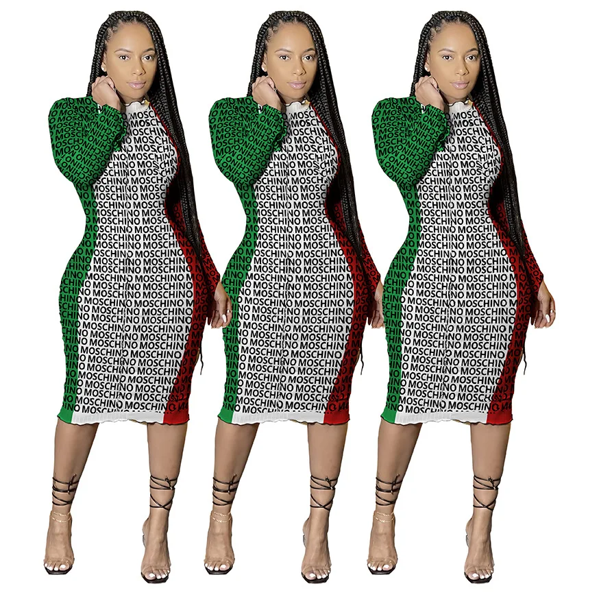 QC8048 Winter Set Sexy Letter Print Long Sleeve Patchwork Color Women Casual Two Piece Skirt Set Designer Women Cloth