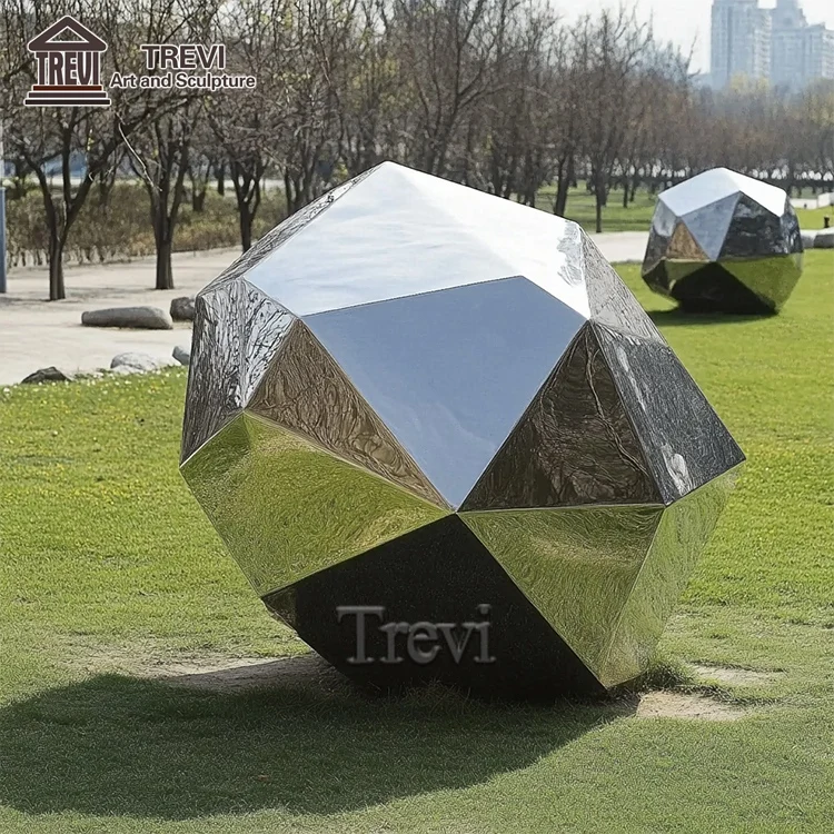 Lawn Ornament Metal Mirror Statue Stainless Steel Geometric Stone Sculpture