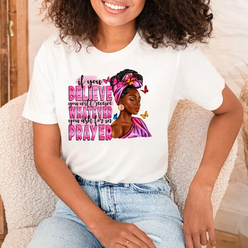 Wholesale Ready to Press Afro Woman Puff Heat Vinyl Transfer Iron on Bun Faith Religion Prayer Christian DTF Transfers