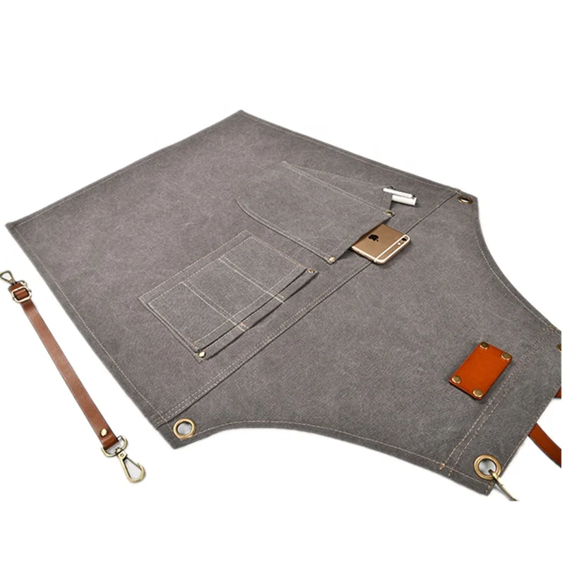 Fashion barista cooking apron kitchen waiter overalls customise logo grey canvas leather straps apron