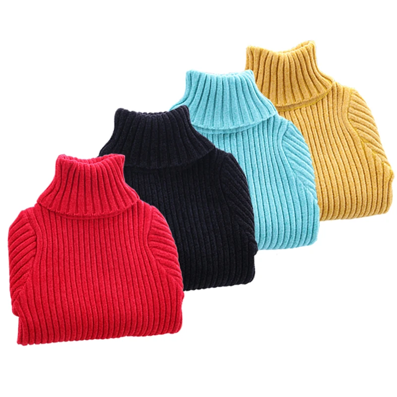 Autumn Winter Thick Chunky Unisex Simple Design Solid Color Blank Knitted Striped Rib Girls Boys Children Kid Turtleneck Sweater