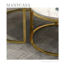 Luxury Round Coffee Table Sets Living Room Metal Stainless Steel Frame Rose Gold Marble Top Sofa Side Table