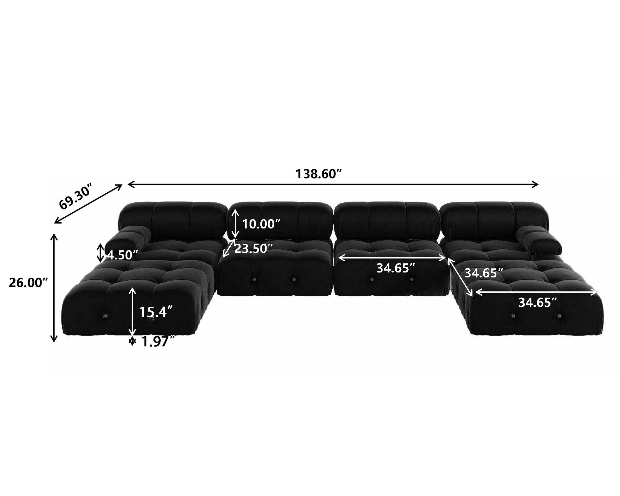 ATUNUS Wabi Sabi Furniture Black Velvet Modular Sectional Sofa Set Living Room Nordic Designer U Shape Couch With Ottoman