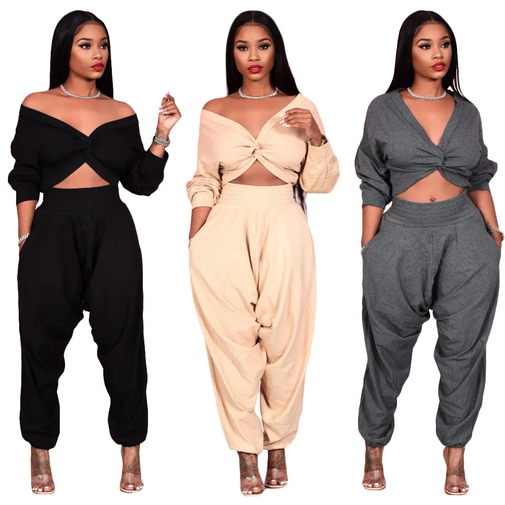 Sexy Solid Color Suspender Pants V Neck Cross Two Piece Sets Women 2021 Crop Top 2