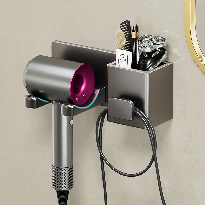 Aluminium Storage Holder Hot sale grey Hair Dryer Rack No-hole Bathroom black Hair Dryer Holder hair dryer bracket