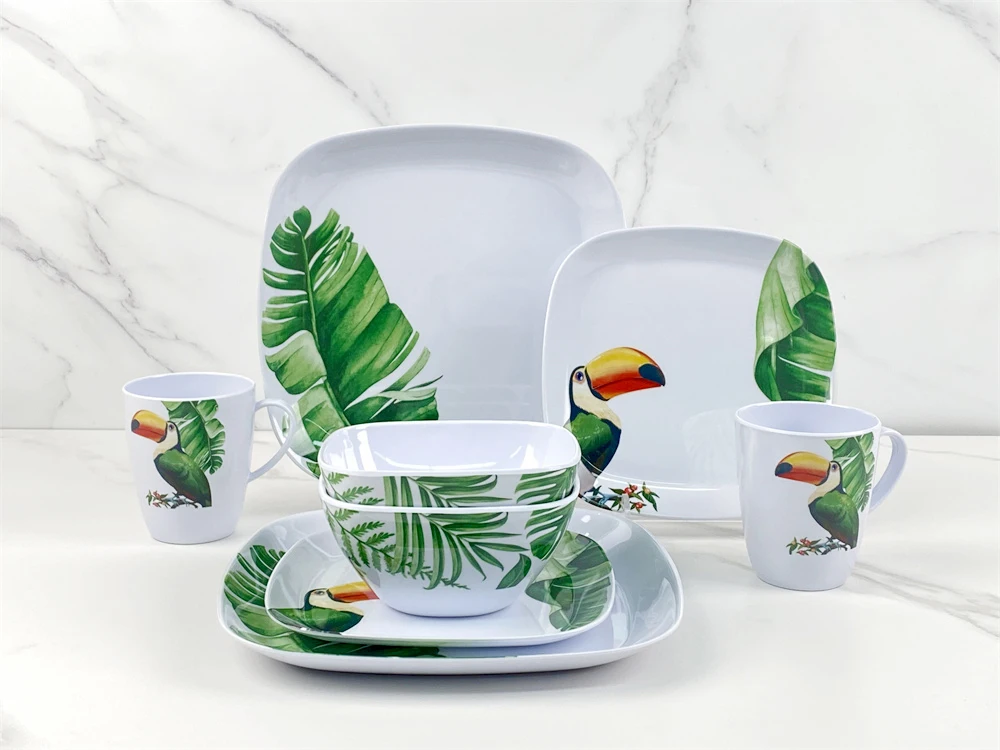 New design spring leaf toucan custom logo fine melamine dinnerware set luxury 16pcs plastic dinner sets