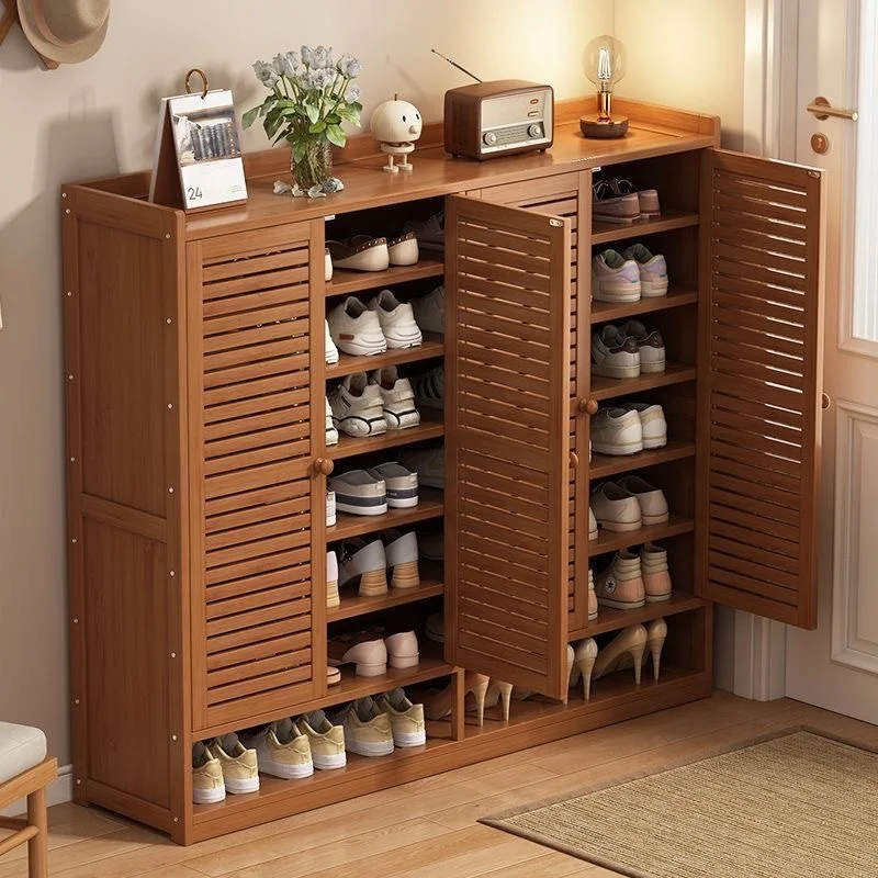 Natural shoe cabinet with PE rattan decorative door, solid wood feet for hallway entrance living room