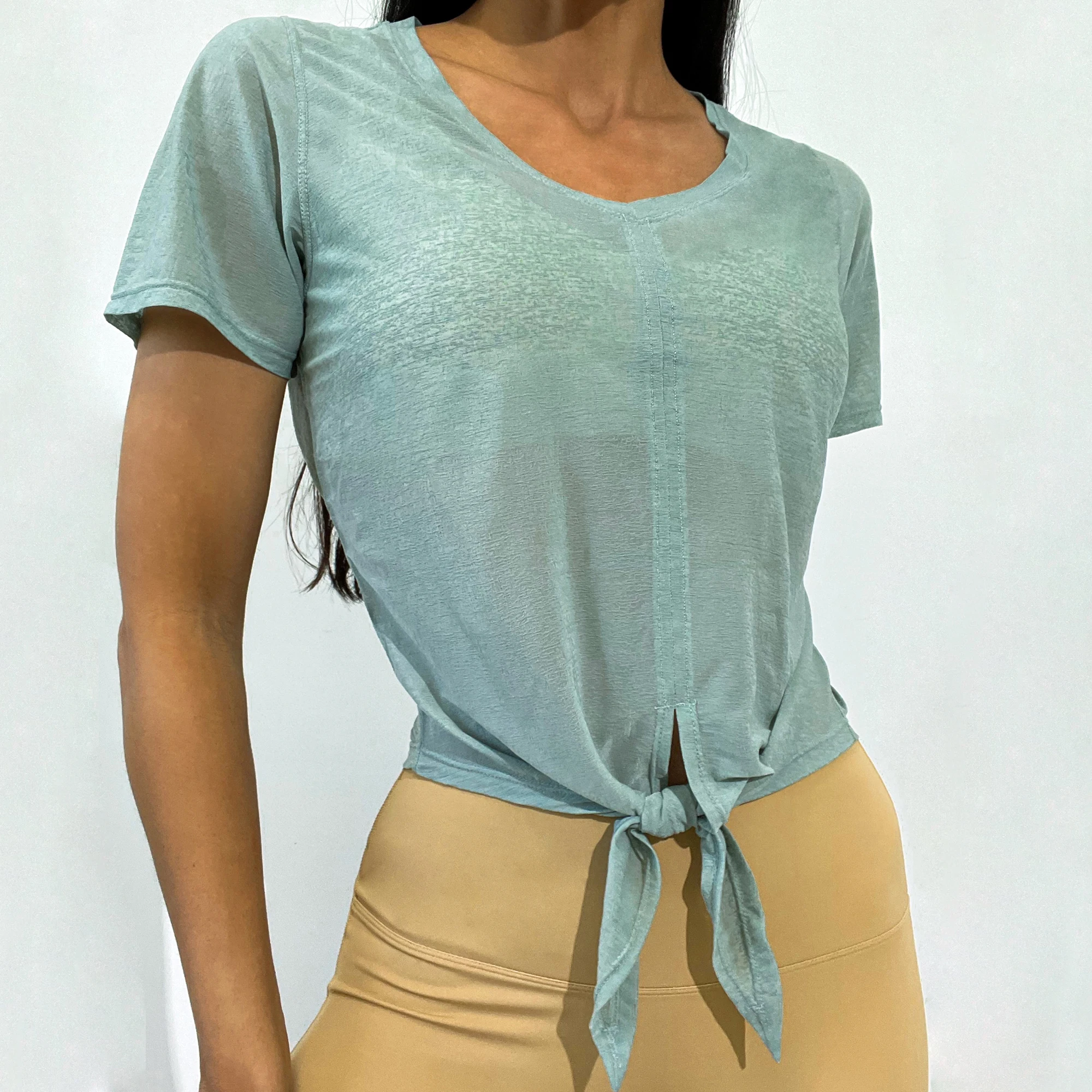 Pt Sports 100%Polyester Fabric T-shirts Breathable Top One Piece Sexy V Cut Neck Tie Bottom Style Nicked Yarn Casual All-fit