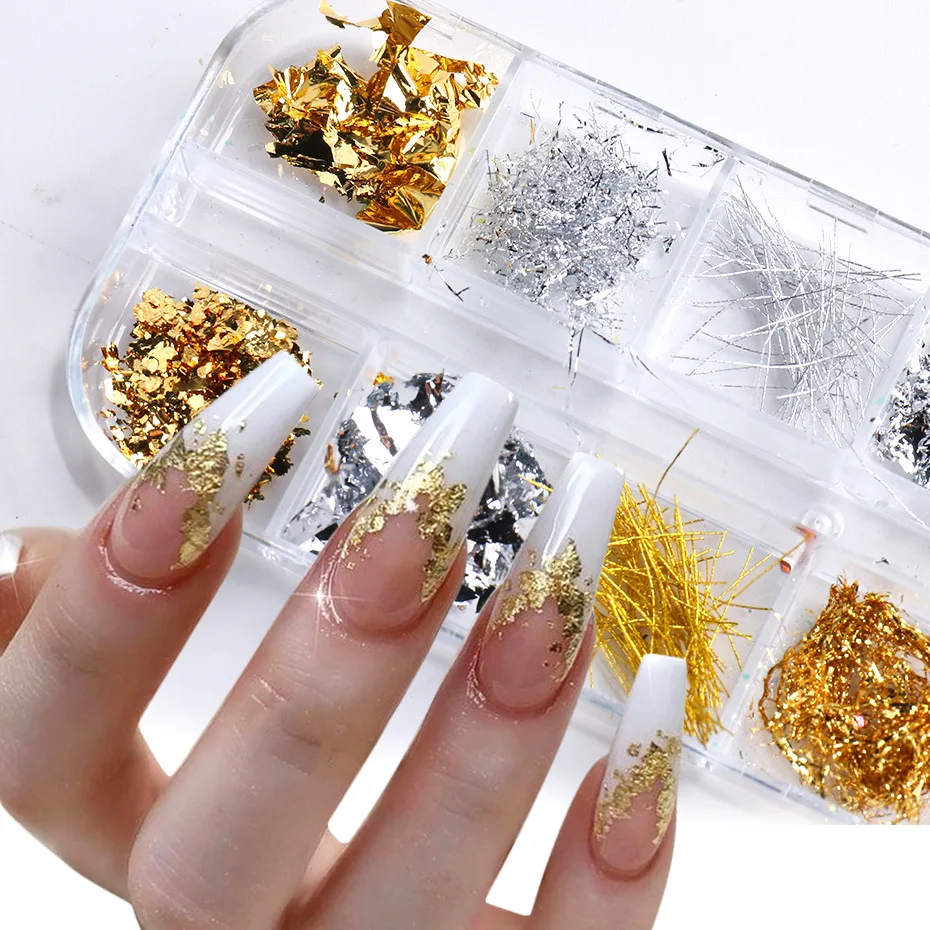 12 Grids/Box Gold Silver Irregular Aluminum Foil fragment Glitter Nail Art Sticker DIY Manicure UV Gel Polish Nail Decoration