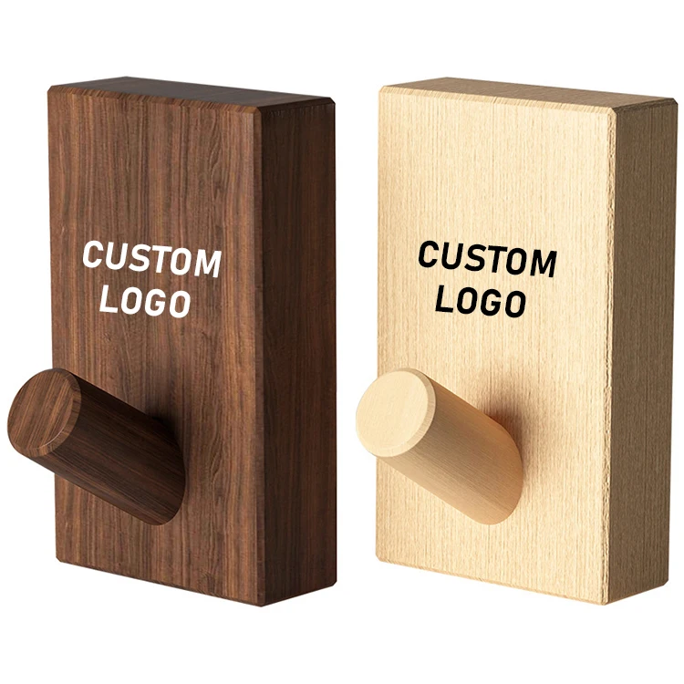 Wholesales Simple Design Wood Wall Mount Hook Coat Hanger Hook Rack Self-adhesive Solid Wood Hooks for Hat Bag Clothes Key