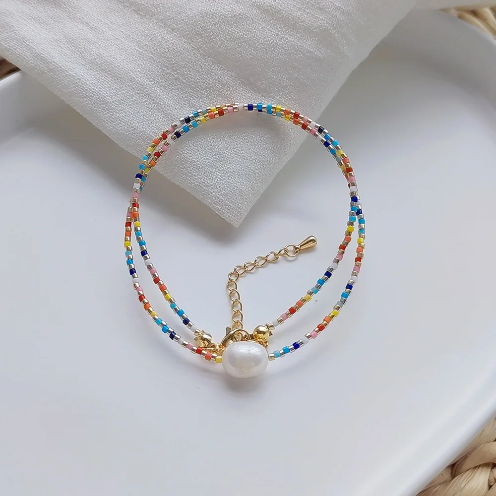 Summer Beach Jewelry Stainless Steel Chain Colorful Bohemian Seed Beads Real Natural Freshwater Pearl Choker Necklace Women