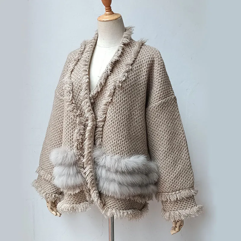 2024 New Plus Size Knitted Cardigans With Real Fur Trim Casual Loose Female Knit Open Stitch Outwear With Tassel