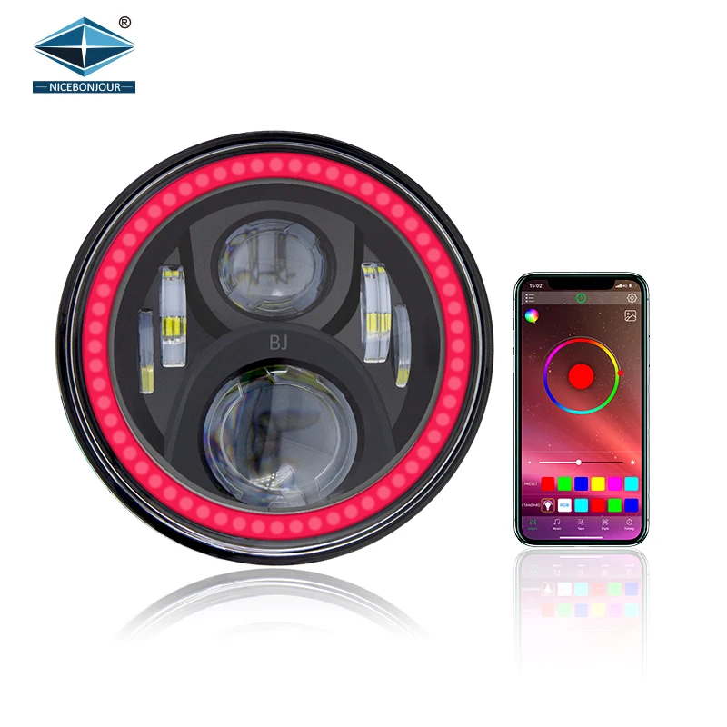 Dot Drl Led Lighting Auto Headlight Phone App Control 12V Round 7 Inch Led Headlight Chrome Rgb