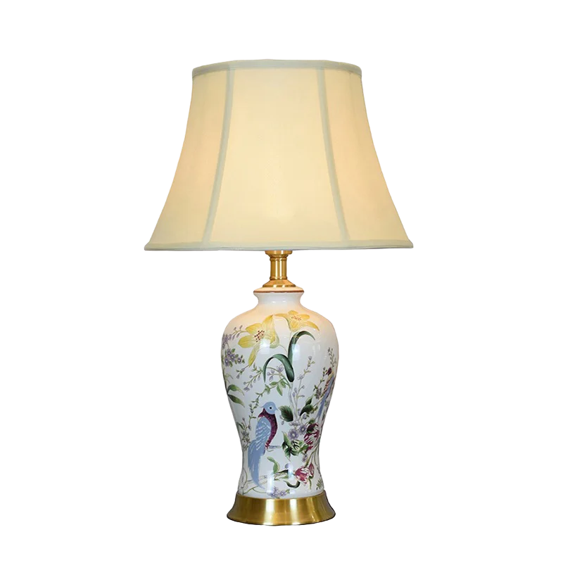 Домашний прикроватный фарфоровый светильник в китайском стиле с изображением птиц Керамические настольные лампы абажуром из ткани