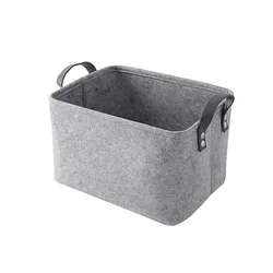 Foldable And Durable Gray Felt Cloth Portable Storage Basket Dirty Clothes Storage Box for Toy with PU Leather Handles
